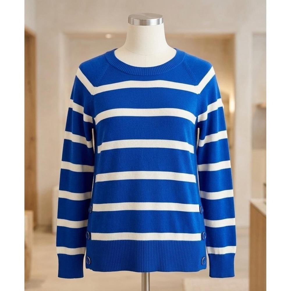 Nautical Cobalt Blue White Striped Knit Sweater Side Button Coastal Preppy NWT